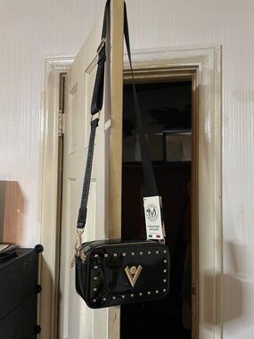 Valentino Orlandi Black Patent Crossbody with Gold Stud Accents